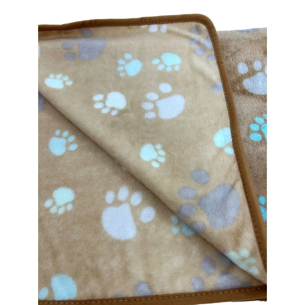 Dog Blanket Brown Tan Paw Print Soft Piping Edge 31”x 41” Blue Turquoise Grey